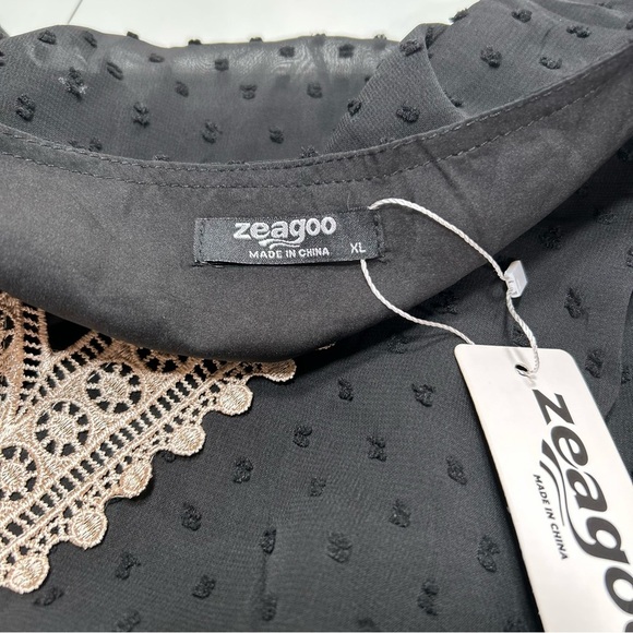 Women Black V Neck Puff Short Sleeve Top Swiss Dot chiffon Lace size X-Large NWT - Picture 4 of 9